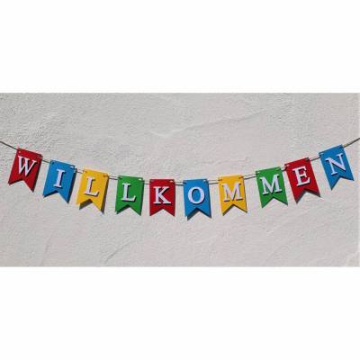 Willkommen Girlande in kräftigen bunten Farben. Handgefertigte Wimpelkette zur Begrüßung, Willkommen Zuhause, Welcome Home, Dekoration zum Empfang