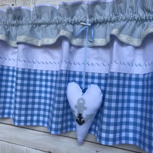 Landhausgardine Weiß Blau Maritim mit Anker & Deko Herz – Handgefertigt, Baumwolle, Unikat