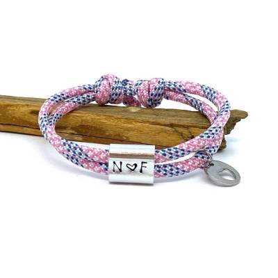 Surferarmband mit Schiebeperle handgestempelt + Edelstahlanhänger Herz