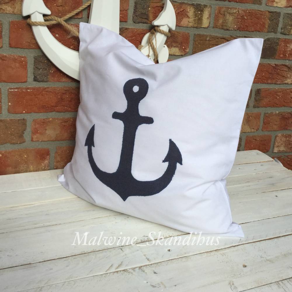Kissenbezug Anker Applikation 50x50 cm – Maritimer Baumwoll-Kissenbezug in Weiß Bild 1