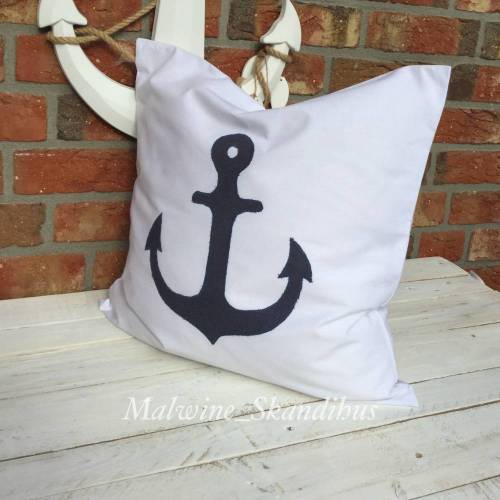 Kissenbezug Anker Applikation 50x50 cm – Maritimer Baumwoll-Kissenbezug in Weiß