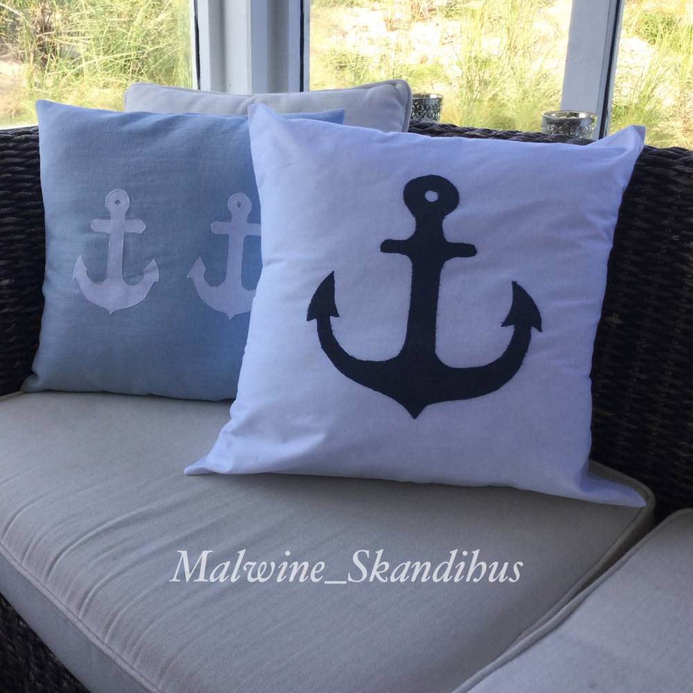 Kissenbezug Anker Applikation 50x50 cm – Maritimer Baumwoll-Kissenbezug in Weiß Bild 2