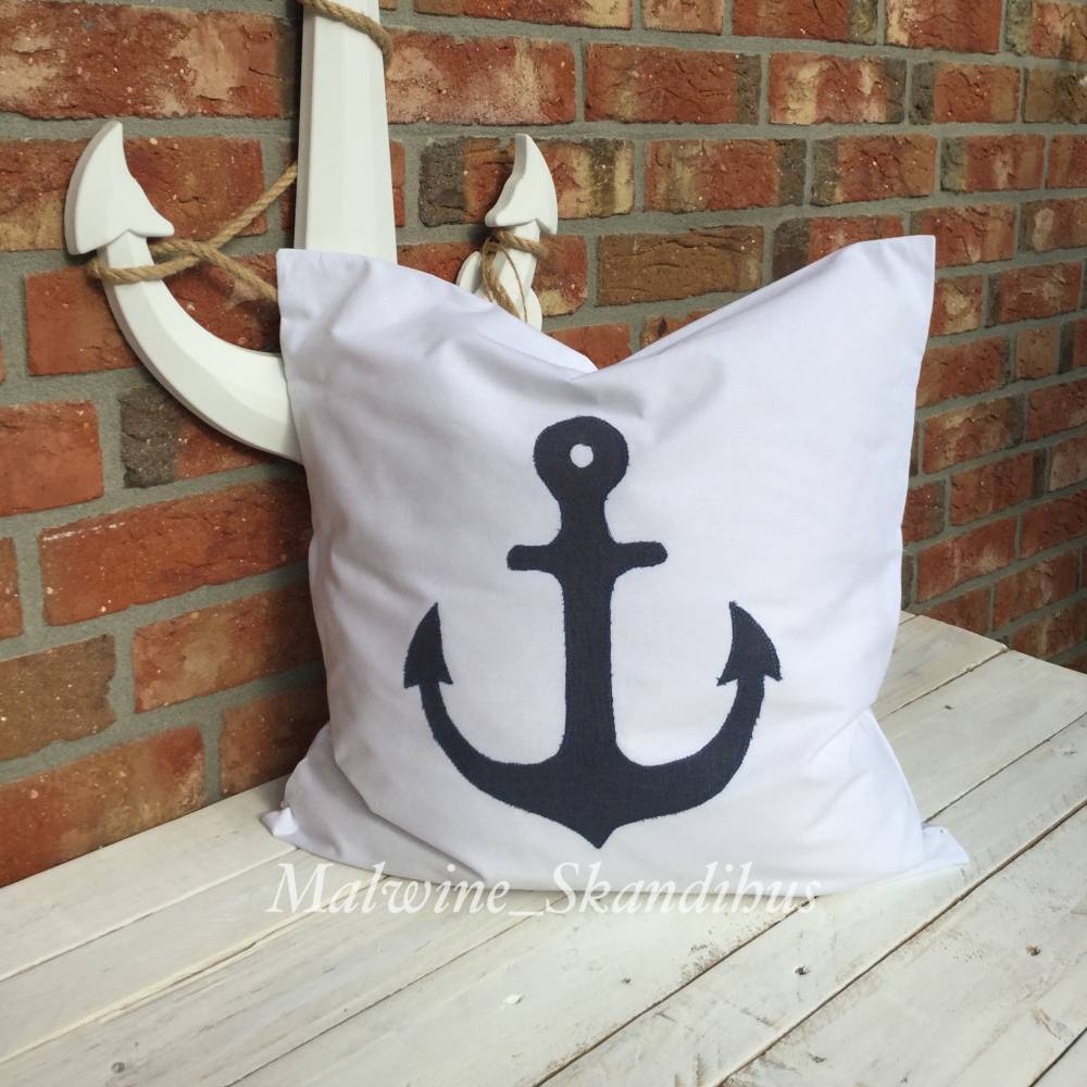 Kissenbezug Anker Applikation 50x50 cm – Maritimer Baumwoll-Kissenbezug in Weiß Bild 3