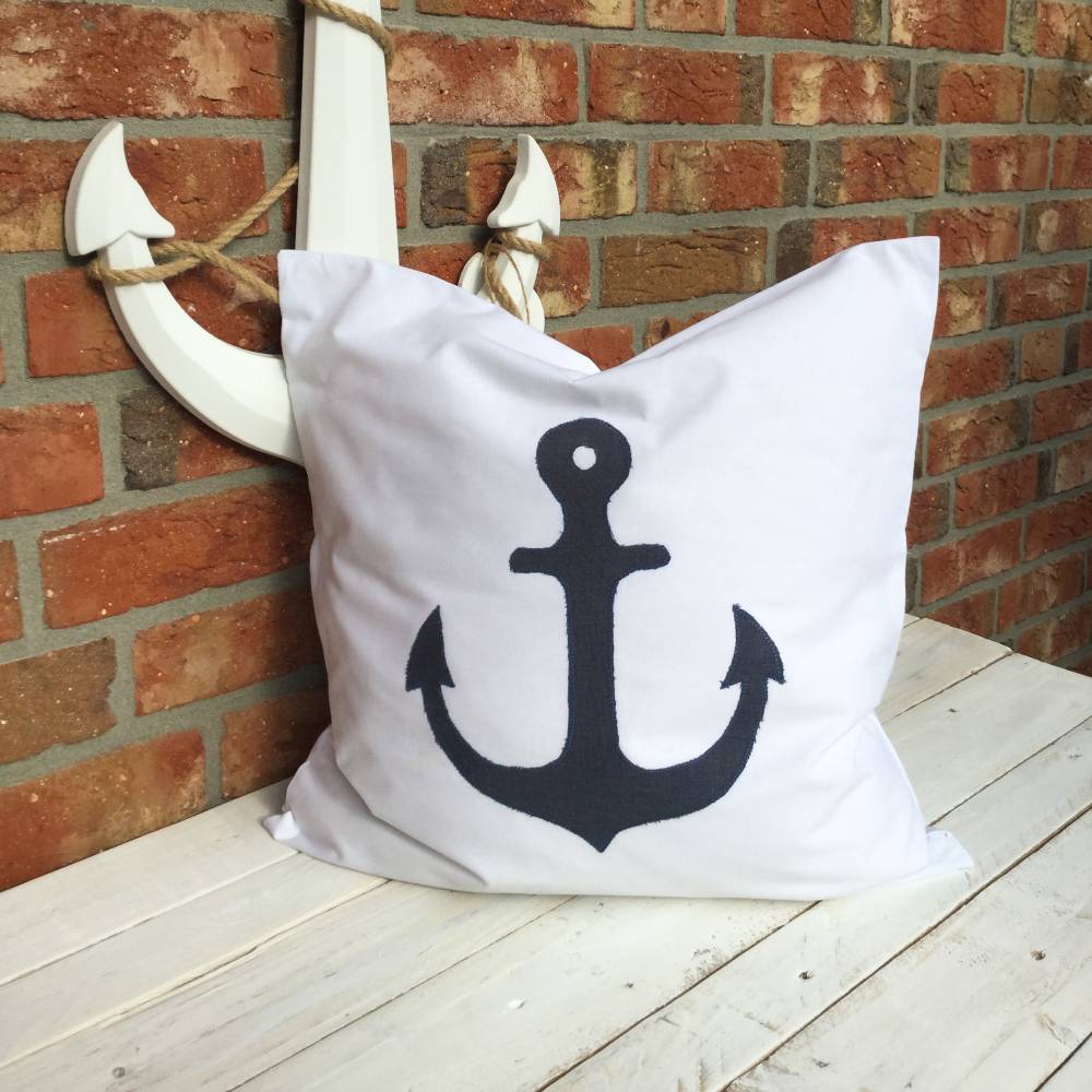 Kissenbezug Anker Applikation 50x50 cm – Maritimer Baumwoll-Kissenbezug in Weiß Bild 5