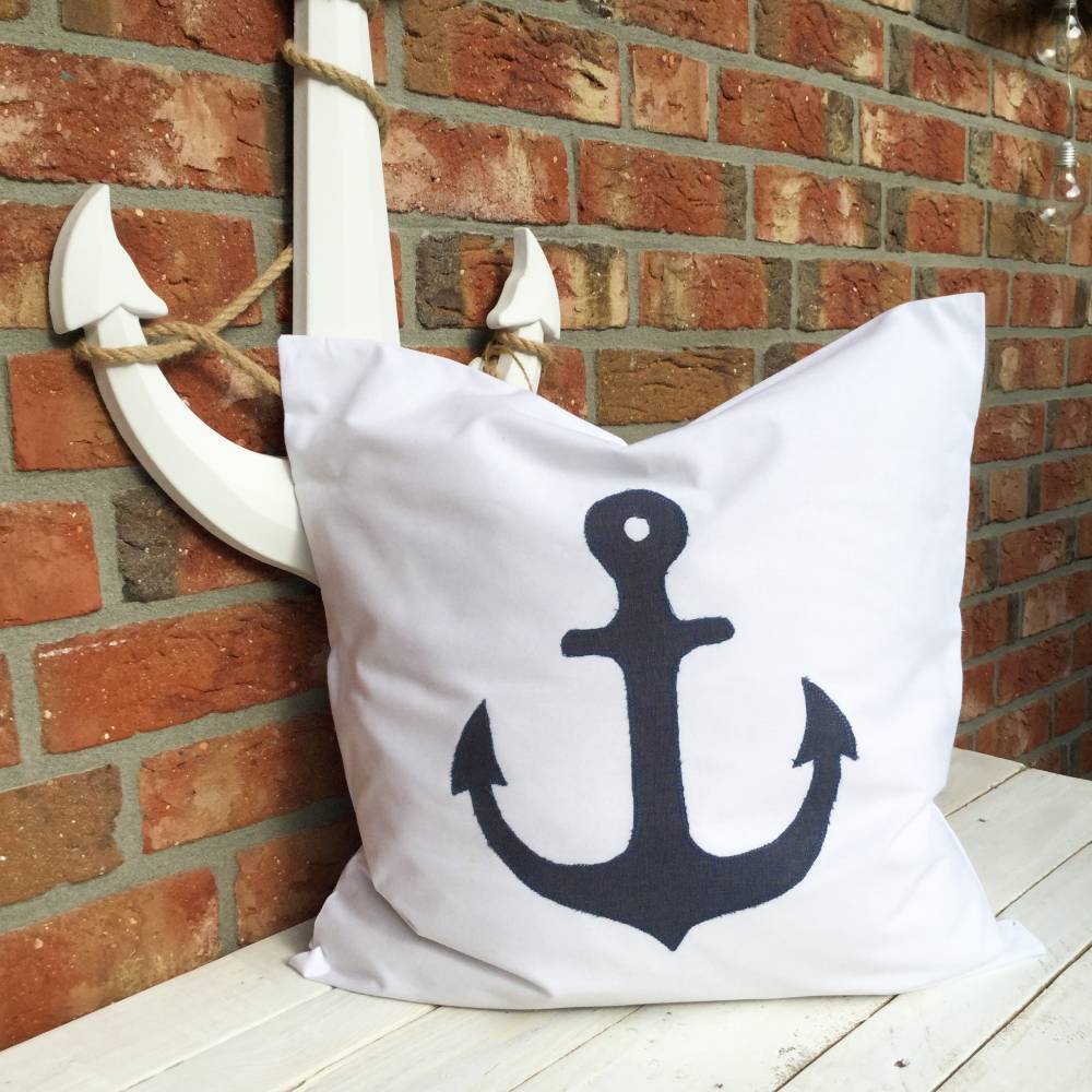 Kissenbezug Anker Applikation 50x50 cm – Maritimer Baumwoll-Kissenbezug in Weiß Bild 7