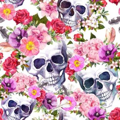 Baumwolljersey Skulls & Rosen – Totenkopf Stoff rosa rot lila grau schwarz weiß Meterware Öko-Tex