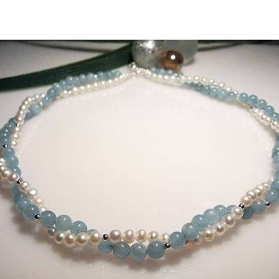Edelsteinkette Aquamarin & Zuchtperlen Collier – Handgefertigte Kette aus Aquamarin, Perlen & 925 Silber