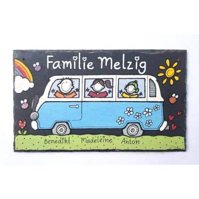 handgemachtes Türschild Familie aus Schiefer mit Name personalisiert und Bus / Bulli / Auto handbemalt, hochwertig