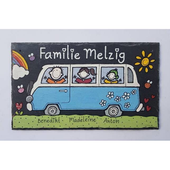 handgemachtes Türschild Familie aus Schiefer mit Name personalisiert und Bus / Bulli / Auto handbemalt, hochwertig Bild 2
