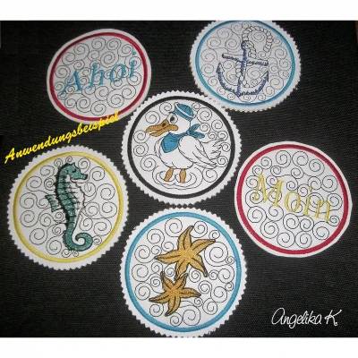 6 edle maritime Untersetzer, Ahoi, Anker, Möwe, Moin, Seepferd, Seestern  -  ø  ca. 99,8 mm