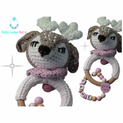 Reh mit Greifring und Namensband Amigurumi Motorik Rassel 