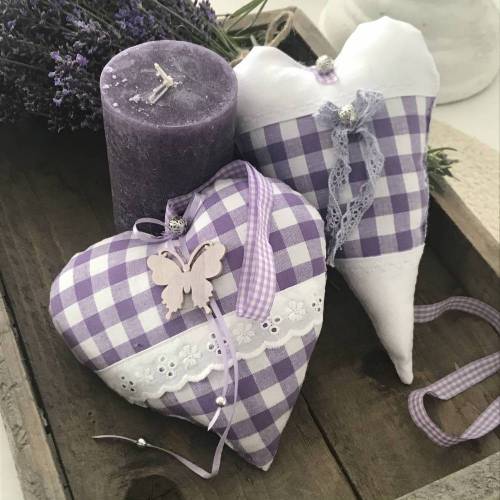 Deko Stoff Herzen 2er Set XL Lavendel Lila Nostalgie aus Baumwolle mit Spitze