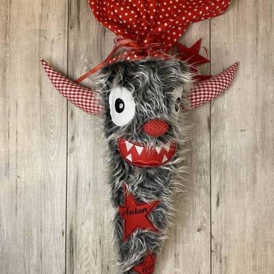 Schultüte / Zuckertüte "Monster" für den Schulstart, graues Fell, Geschenk zur Einschulung , Jungen, Mädchen,