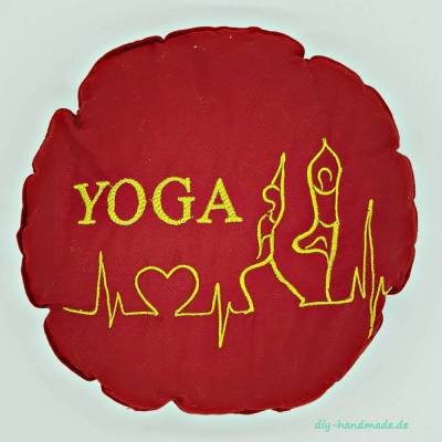 Yogakissen rot rund bestickt YOGA – Meditationskissen Ø 27 cm, waschbar, Unikat