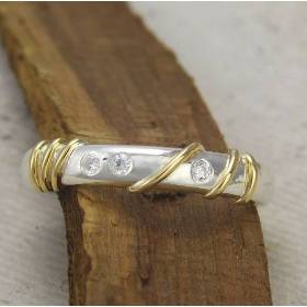 Schmaler Ring aus Silber 925/- mit Golddrähten und Zirkonia