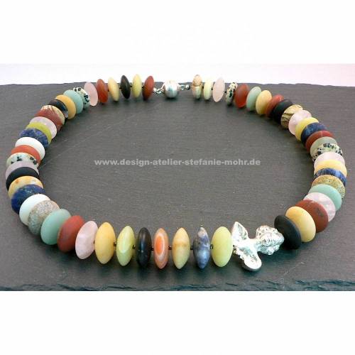 UNIKAT! Bunte EDELSTEIN KETTE mit Sterlingsilber Engel