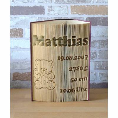 Gefaltetes Buch zur Geburt mit Name, Datum & Teddy – Personalisiertes Geschenk Buchkunst Bookfolding