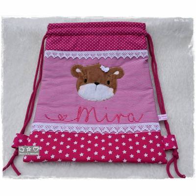 Turnbeutel-/Rucksack pink/weiß mit Doodlestickerei Bärenkopf und Wunschname