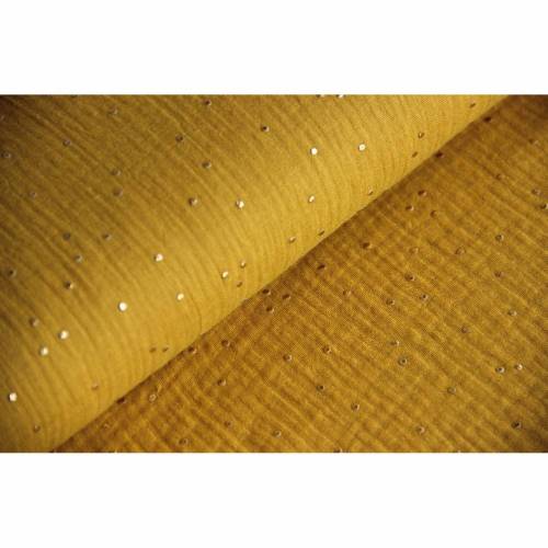 Musselin senfgelb mit gold, Double Gauze Windelstoff, senf mit goldenen Punkten, Stoff Meterware