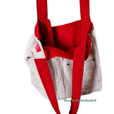 Graukarierte Stofftasche mit langen roten Henkeln – Handgemachtes Unikat für unterwegs