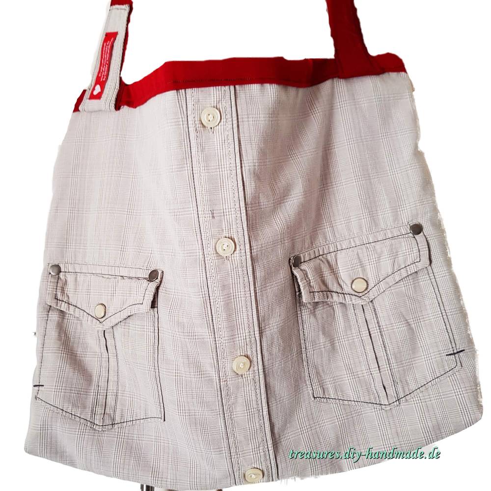 Graukarierte Stofftasche mit langen roten Henkeln – Handgemachtes Unikat für unterwegs Bild 2