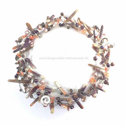HÄKELKETTE:  Collier / Armband aus Edelstahldraht mit Seeigelstacheln, Süßwasserperlen uvm