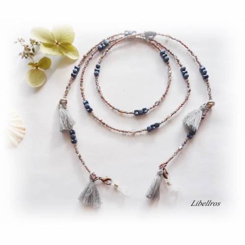 Extralange Brillenkette mit Quasten - Maskenkette - Kette für Mund- und Nasenmasken - leicht, modisch - kupfer, blau