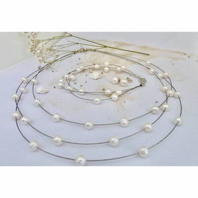 Leichter Hochzeitsschmuck, zierliches dreiteiliges Schmuckset, schwebende Perlen als Brautschmuck