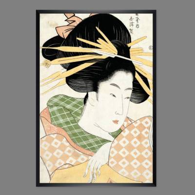 Japanische Kunst - Portrait Frau mit langen Haarnadeln -  Kunstdruck  - Geisha - Vintage Art - antiker Holzschnitt 1789 