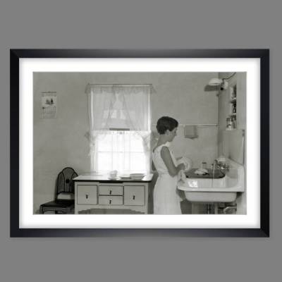 Art Deco, In der Küche, Kunstdruck Poster gerahmt 54x39 cm, Küchenbild, Schwarz weiß Fotografie,Vintage