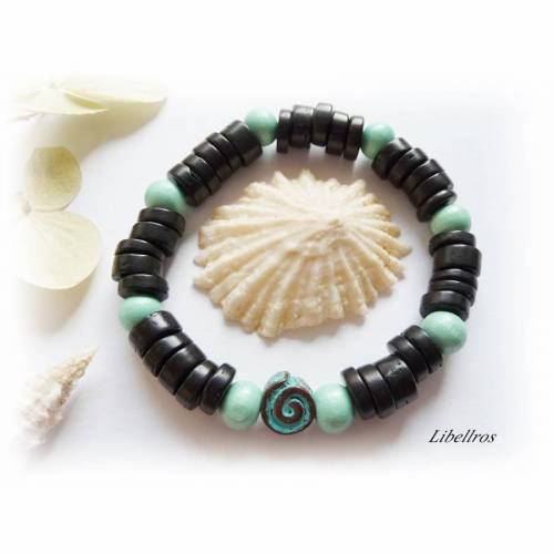 Elastisches Armband mit Kokosnuss- und Holzperlen - Männer-, Frauenarmband, Surferarmband - maritim, sportlich - schwarz,aqua