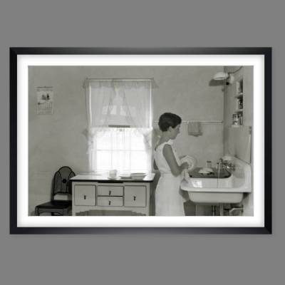 Art Deco, In der Küche, Kunstdruck Poster gerahmt 69x49cm, Küchenbild Schwarz weiß Fotografie Vintage 