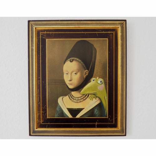 Junge Dame mit Frosch, Frosch Bild, Acrylmalerei auf altem Druck, gerahmtes Froschbild, Froschkönig, witziges Bild