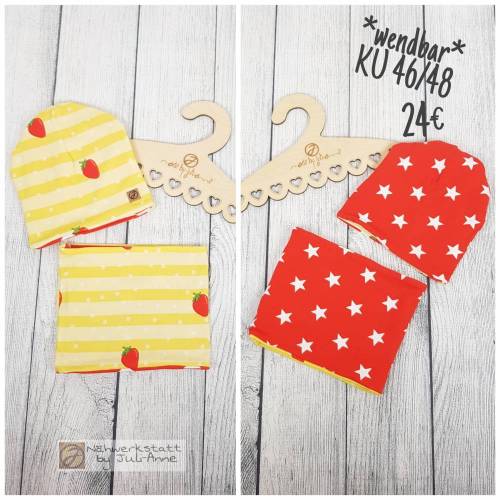 Set Beanie & Schlupfschal WENDBAR Übergangszeit Sterne & Erdbeer KU 46/48