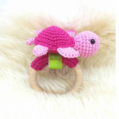 Rassel gehäkelt Schildkröte, 100% Baumwolle, Pink / Rosa, Geschenk zur Geburt, Taufe, Weihnachten, Wunschfarbe