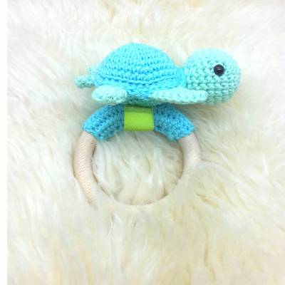 Rassel gehäkelt Schildkröte, 100% Baumwolle, Blau , als Geschenk zur Geburt, Taufe oder Weihnachten