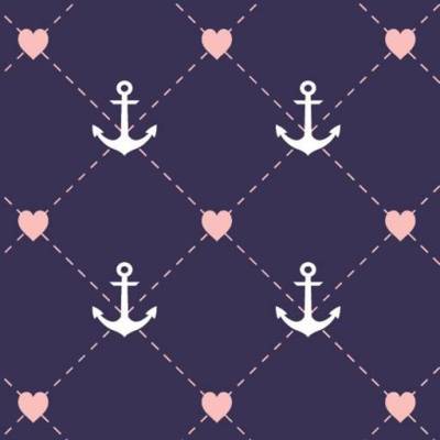 Baumwolljersey Anker-Herz maritim – weiße Anker, rosa Herz auf Blau – Premium Stoff für Damen & Mädchen