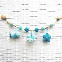 Kinderwagenkette gehäkelt Blau, 100% Baumwolle, Schildkröte / Fisch / Seestern