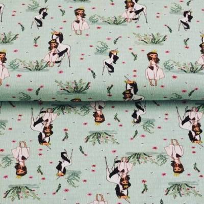 Baumwolljersey Prinzessin mit Einhorn auf Mint – Jersey Meterware für Mädchen nähen