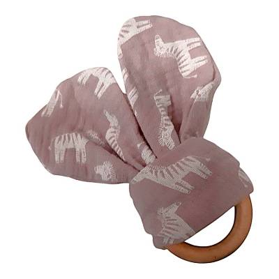 Rosa Greifling mit Hasenohren aus Musselin – Beißring für Babys,