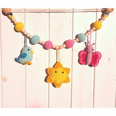 Kinderwagenkette gehäkelt "Sonne", 100% Baumwolle Vogel / Sonne / Schmetterling