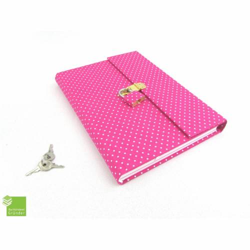 Tagebuch abschließbar, pink weiße Punkte, 150 Blatt, DIN A5, handgefertigt