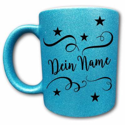 Glitzer Tasse mit Name, Namenstasse, Mädchen Geschenkidee, Frauen Geschenke, Sternchen, Schnörkel, Geburtstagsgeschenk, Weihnachtsgeschenk
