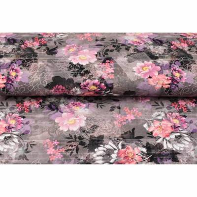 Sweat French Terry Druck-Liebe macht schön – weiße rosa Blumen auf taupe – Kinderstoff Meterware EU