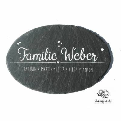 handgemachtes Haustürschild für Familien mit Name personalisiert, ovales Türschild aus Schiefer, exklusiv & individuell