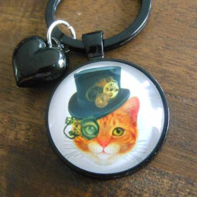 Katze  Cabochon Rund schwarz Schlüsselanhänger