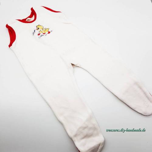 Vintage, weißer Baby Strampler mit Füßen, Größe 62/68 eingesticktes Entchen