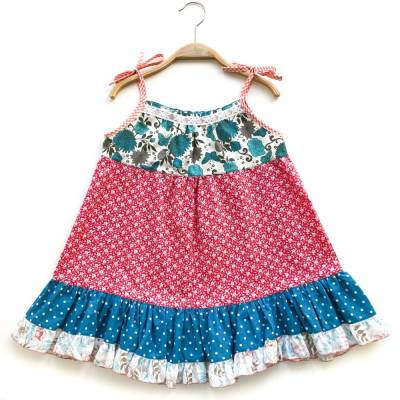 Kleid  98 / 104, rot türkis petrol, geblümt gepunktet, ärmellos, Sommerkleid, Trägerkleid, Upcycling, Unikat