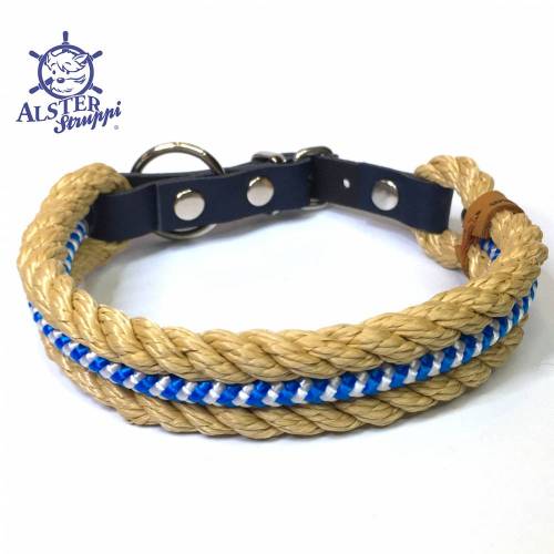 Hundehalsband verstellbar natur blau weiß, mit Leder und Schnalle