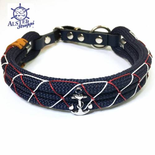 Hundehalsband verstellbar blau, weinrot, weiß mit Fischernetz Optik